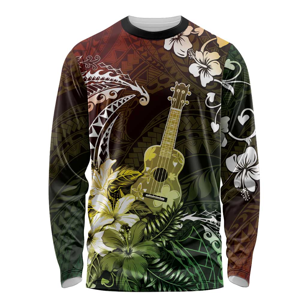 Hawaii Ukulele Long Sleeve Shirt Polynesian Pattern Mix Hibiscus Reggae Version LT05 Unisex Reggae - Polynesian Pride