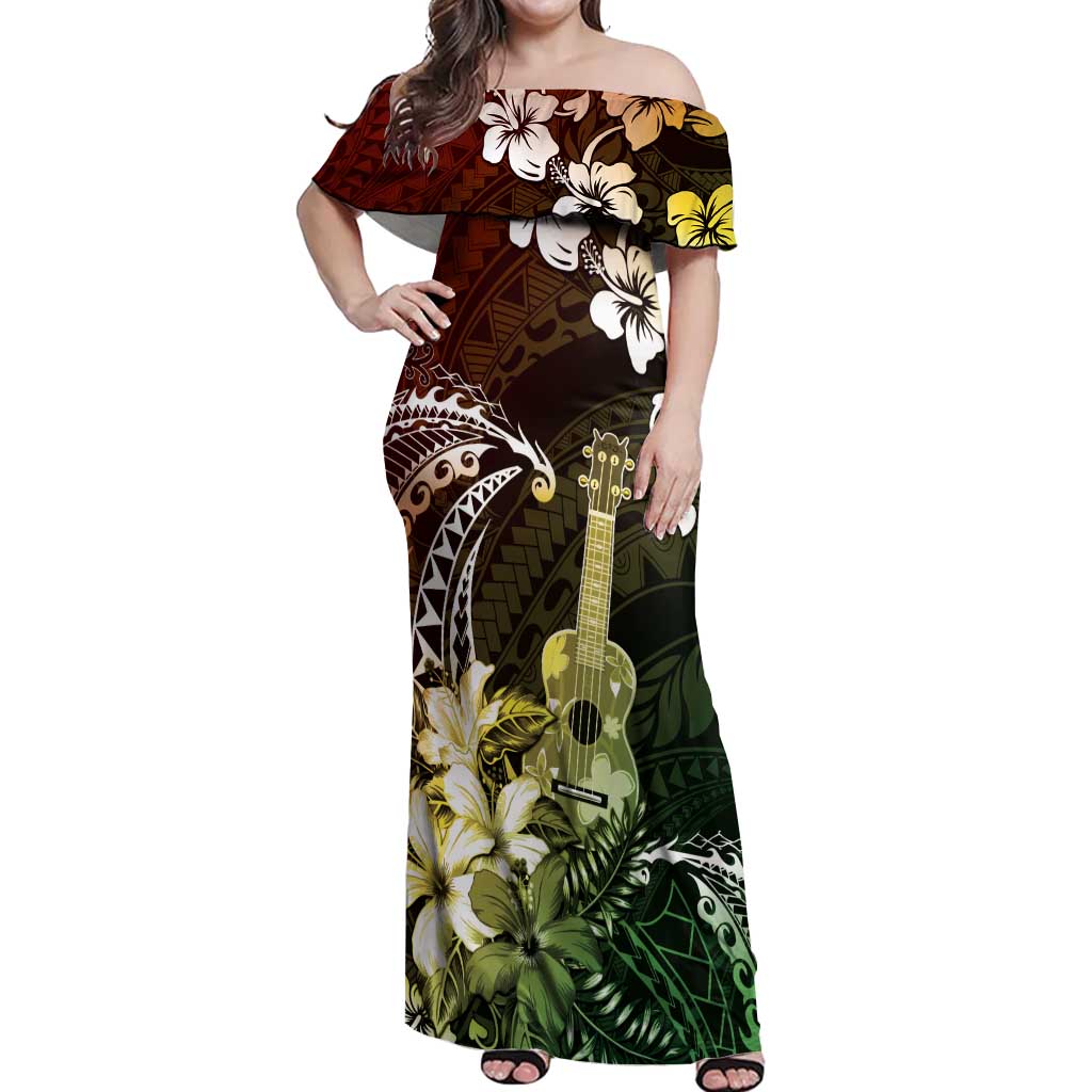 Hawaii Ukulele Off Shoulder Maxi Dress Polynesian Pattern Mix Hibiscus Reggae Version LT05 Women Reggae - Polynesian Pride
