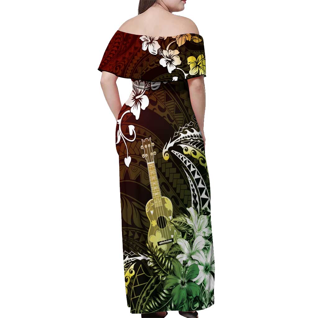 Hawaii Ukulele Off Shoulder Maxi Dress Polynesian Pattern Mix Hibiscus Reggae Version LT05 - Polynesian Pride