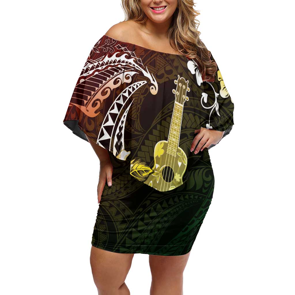 Hawaii Ukulele Off Shoulder Short Dress Polynesian Pattern Mix Hibiscus Reggae Version LT05 Women Reggae - Polynesian Pride