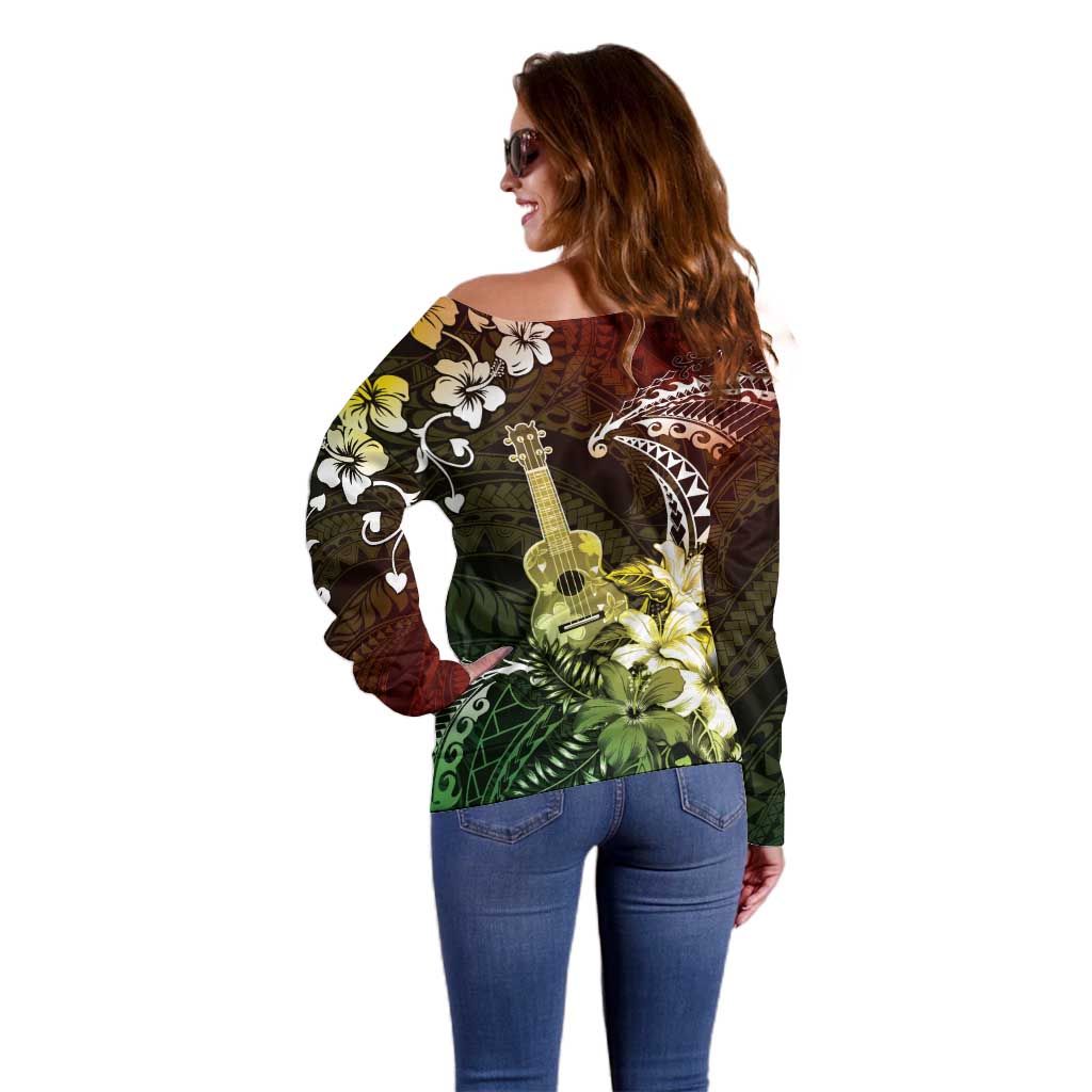 Hawaii Ukulele Off Shoulder Sweater Polynesian Pattern Mix Hibiscus Reggae Version LT05 - Polynesian Pride