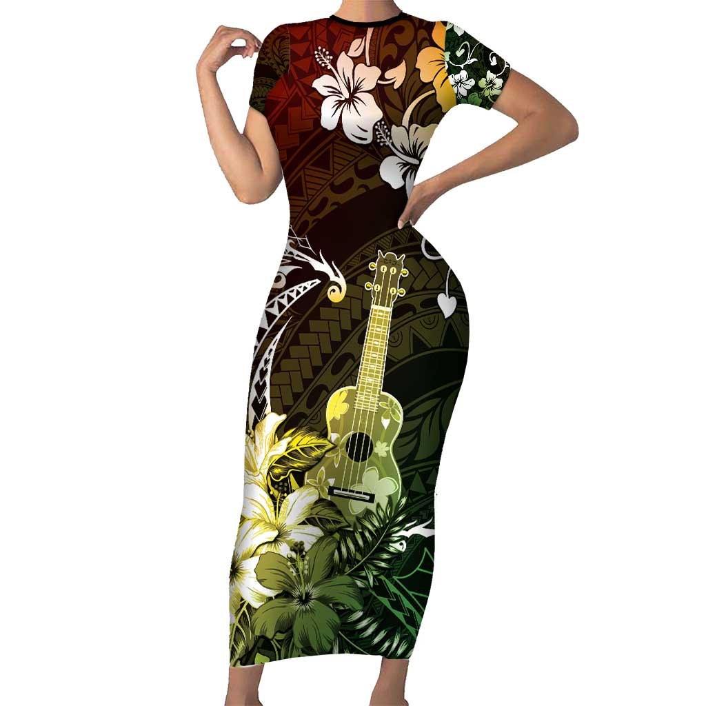Hawaii Ukulele Short Sleeve Bodycon Dress Polynesian Pattern Mix Hibiscus Reggae Version LT05 Long Dress Reggae - Polynesian Pride