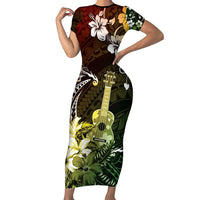 Hawaii Ukulele Short Sleeve Bodycon Dress Polynesian Pattern Mix Hibiscus Reggae Version LT05 Long Dress Reggae - Polynesian Pride