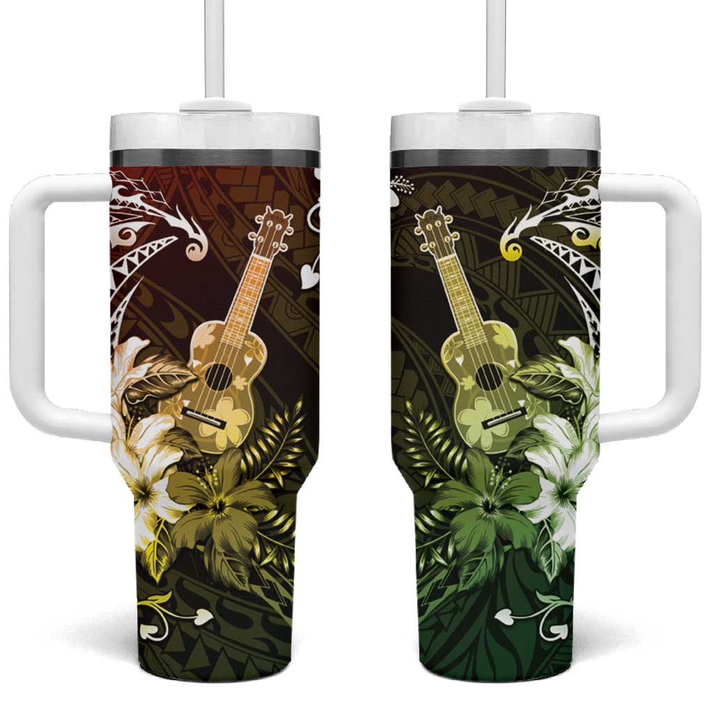 Hawaii Ukulele Tumbler With Handle Polynesian Pattern Mix Hibiscus Reggae Version LT05 One Size: 40 oz Reggae - Polynesian Pride