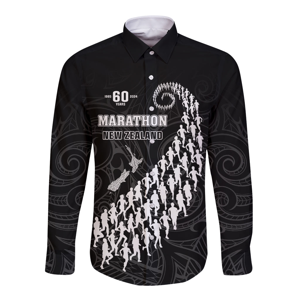 Custom New Zealand Marathon Long Sleeve Button Shirt Maori Style LT05 Unisex Black - Polynesian Pride