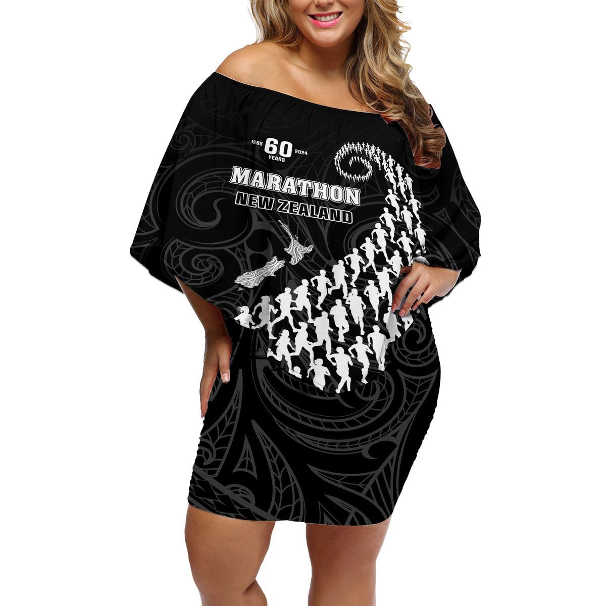 Custom New Zealand Marathon Off Shoulder Short Dress Maori Style LT05 Women Black - Polynesian Pride