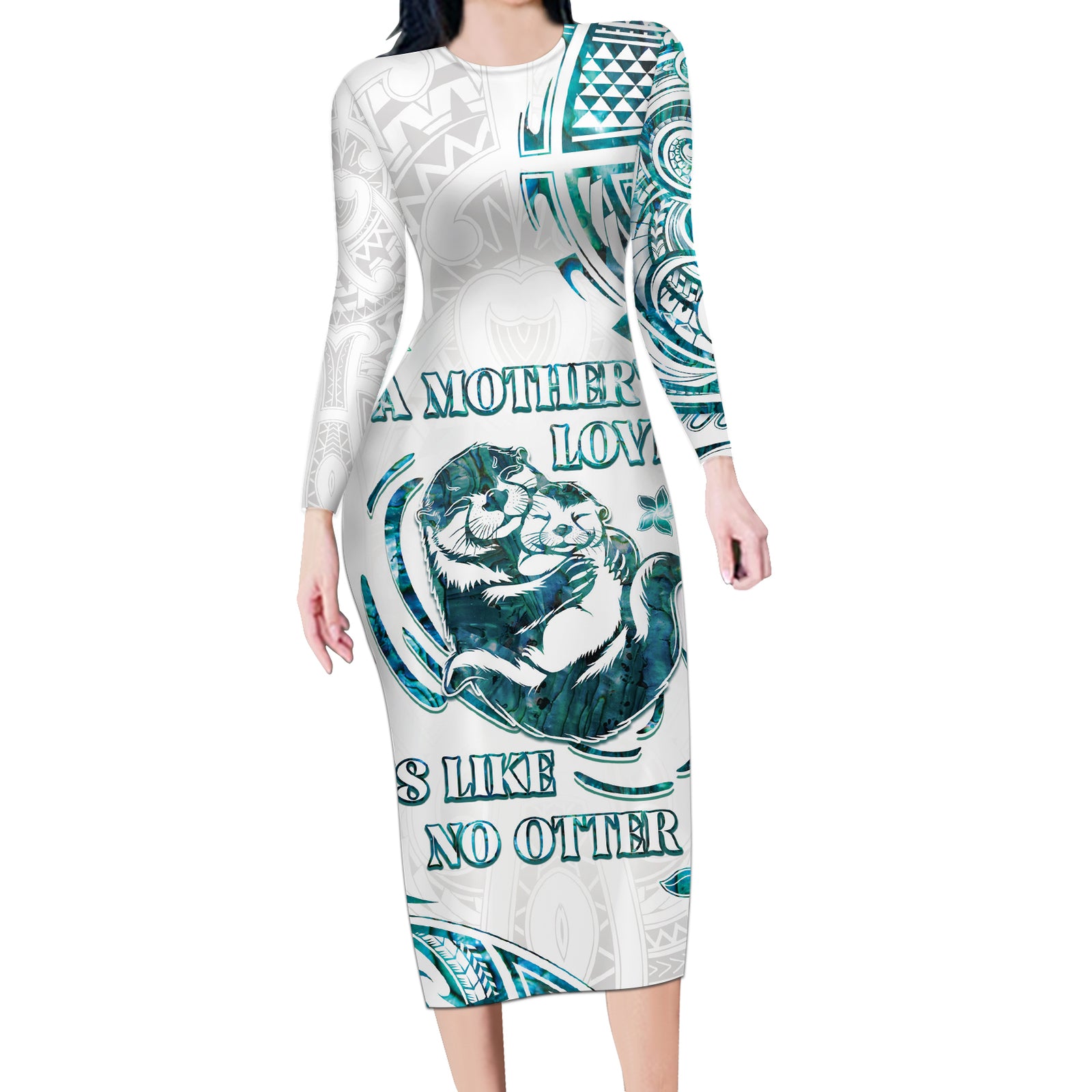 New Zealand Aotearoa Hari Ra Mama Long Sleeve Bodycon Dress A Mother's Love Is Like No Otter LT05 Long Dress White - Polynesian Pride