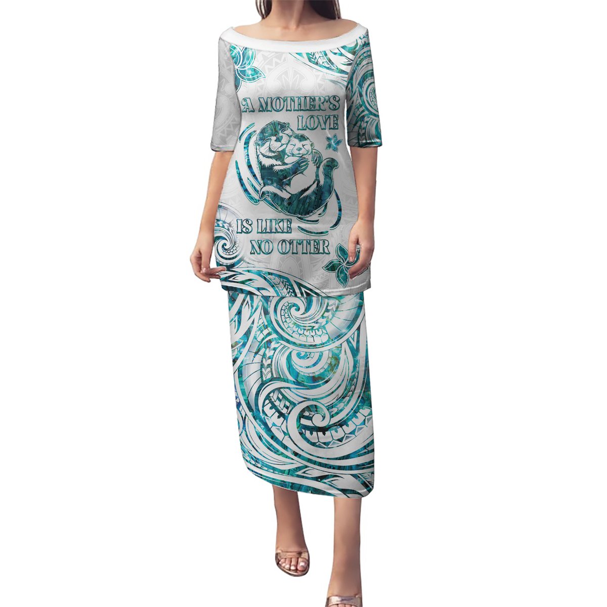 New Zealand Aotearoa Hari Ra Mama Puletasi A Mother's Love Is Like No Otter LT05 Long Dress White - Polynesian Pride