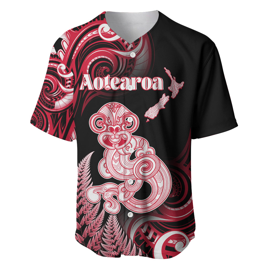 Personalised New Zealand Maori Taniwha Baseball Jersey Silver Fern Red Version