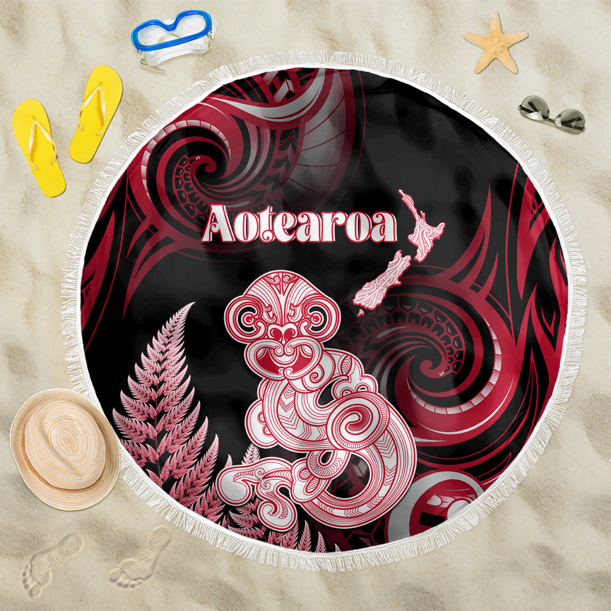 New Zealand Maori Taniwha Beach Blanket Silver Fern Red Version LT05 One Size 150cm Red - Polynesian Pride