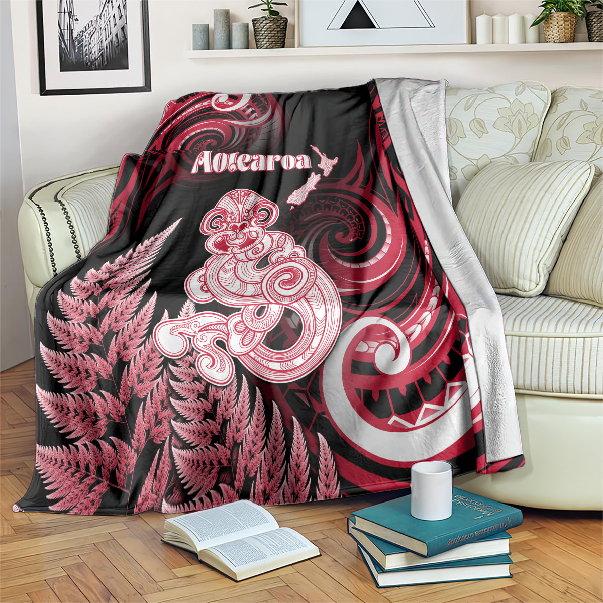 New Zealand Maori Taniwha Blanket Silver Fern Red Version LT05 Red - Polynesian Pride
