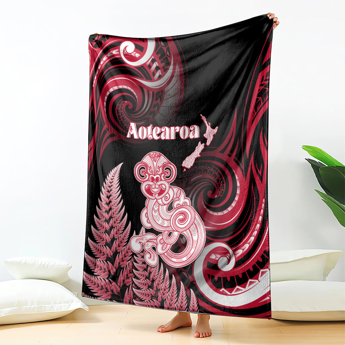 New Zealand Maori Taniwha Blanket Silver Fern Red Version LT05 - Polynesian Pride