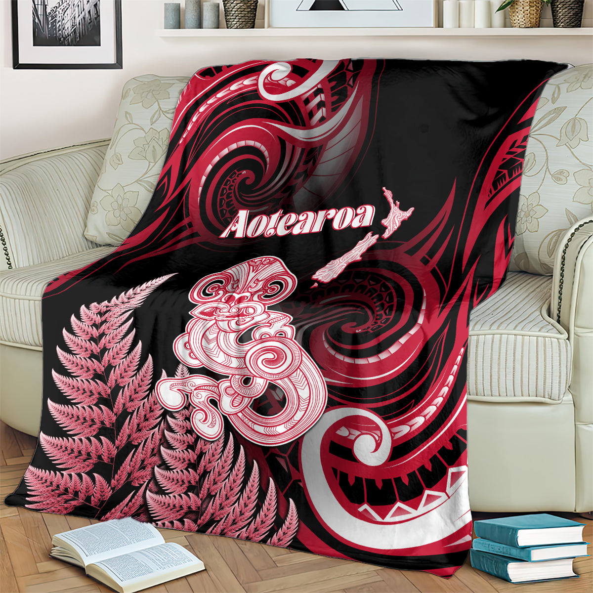 New Zealand Maori Taniwha Blanket Silver Fern Red Version LT05 - Polynesian Pride