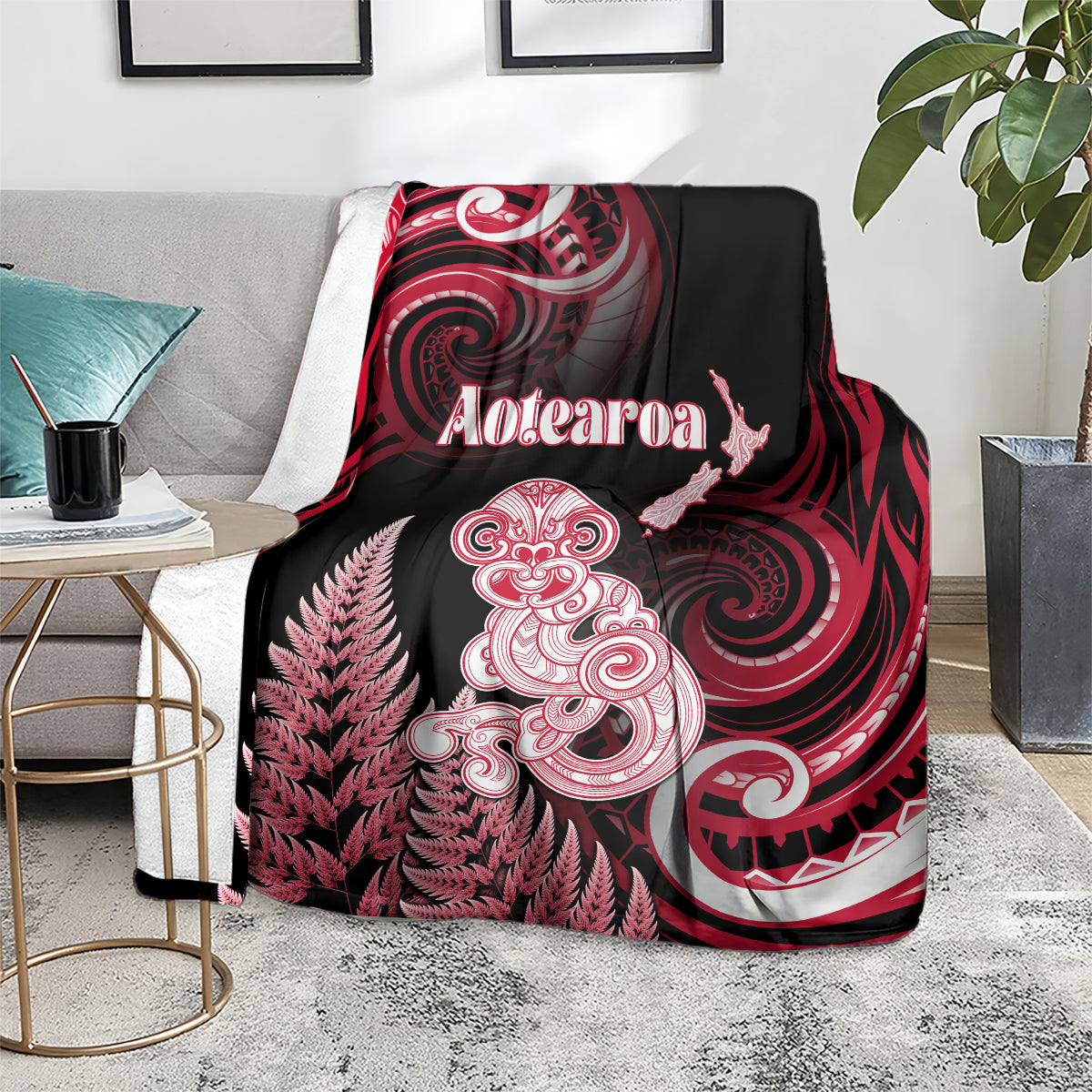 New Zealand Maori Taniwha Blanket Silver Fern Red Version LT05 - Polynesian Pride