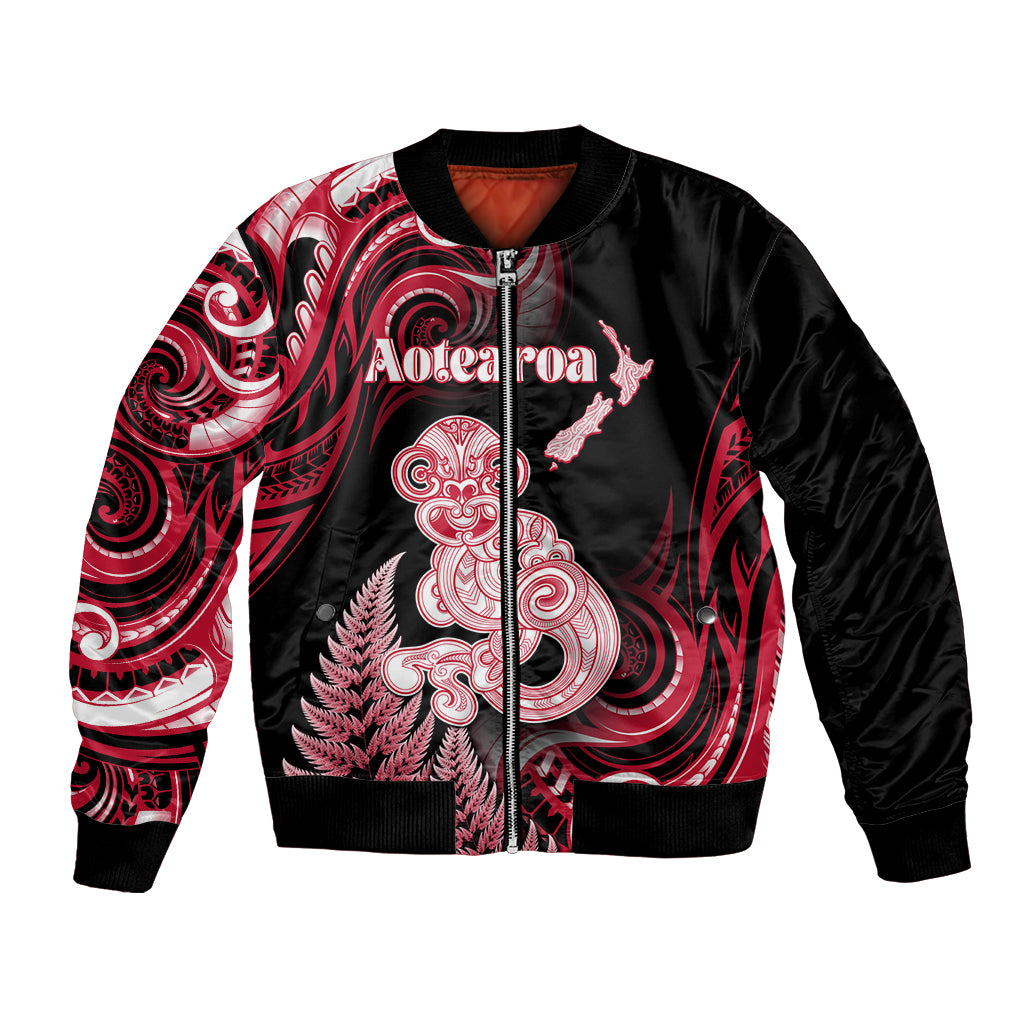 Personalised New Zealand Maori Taniwha Bomber Jacket Silver Fern Red Version