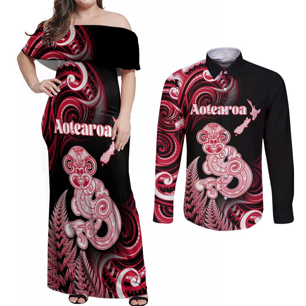 Personalised New Zealand Maori Taniwha Couples Matching Off Shoulder Maxi Dress and Long Sleeve Button Shirt Silver Fern Red Version