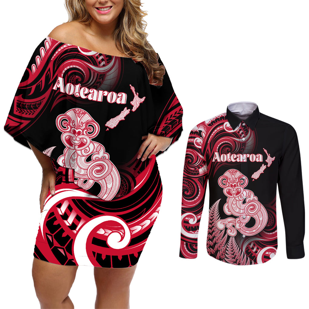 Personalised New Zealand Maori Taniwha Couples Matching Off Shoulder Short Dress and Long Sleeve Button Shirt Silver Fern Red Version