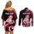 Personalised New Zealand Maori Taniwha Couples Matching Off Shoulder Short Dress and Long Sleeve Button Shirt Silver Fern Red Version