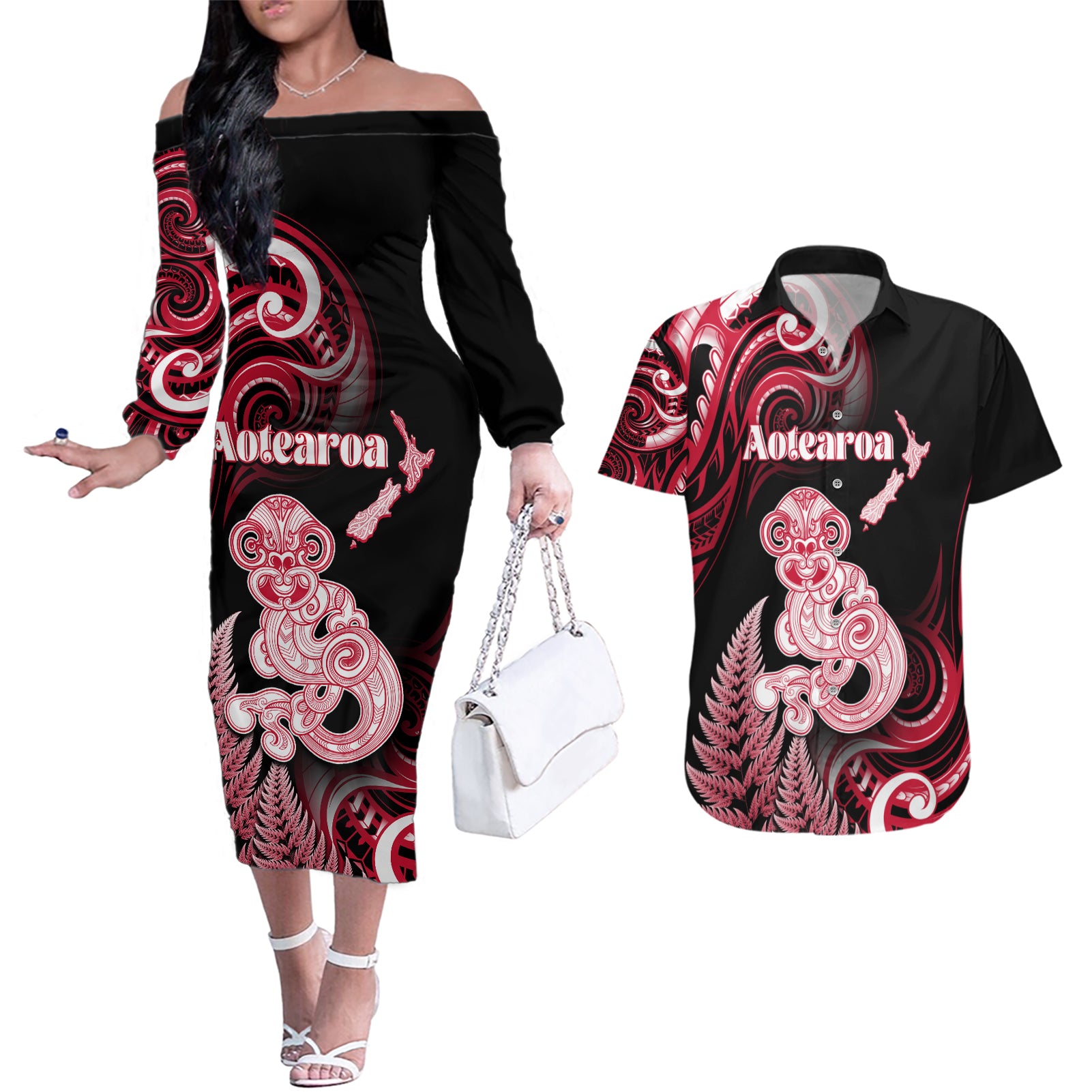 Personalised New Zealand Maori Taniwha Couples Matching Off The Shoulder Long Sleeve Dress and Hawaiian Shirt Silver Fern Red Version