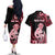 Personalised New Zealand Maori Taniwha Couples Matching Off The Shoulder Long Sleeve Dress and Hawaiian Shirt Silver Fern Red Version