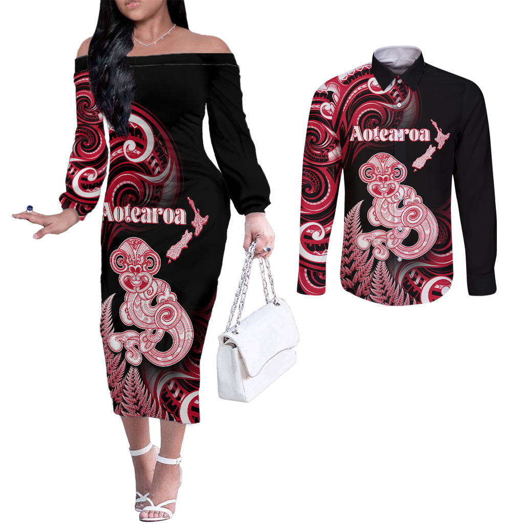 Personalised New Zealand Maori Taniwha Couples Matching Off The Shoulder Long Sleeve Dress and Long Sleeve Button Shirt Silver Fern Red Version