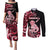 Personalised New Zealand Maori Taniwha Couples Matching Puletasi and Long Sleeve Button Shirt Silver Fern Red Version