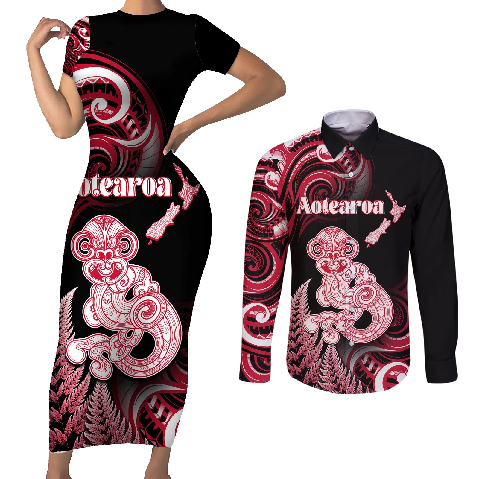 Personalised New Zealand Maori Taniwha Couples Matching Short Sleeve Bodycon Dress and Long Sleeve Button Shirt Silver Fern Red Version