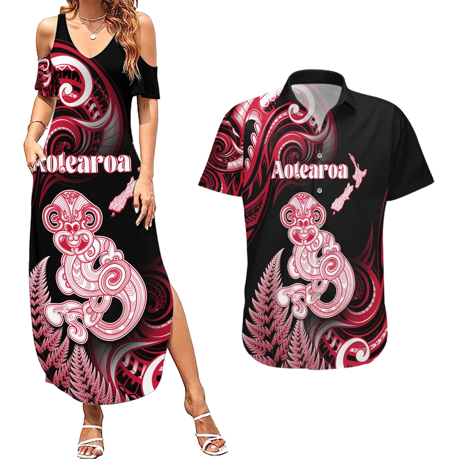 Personalised New Zealand Maori Taniwha Couples Matching Summer Maxi Dress and Hawaiian Shirt Silver Fern Red Version