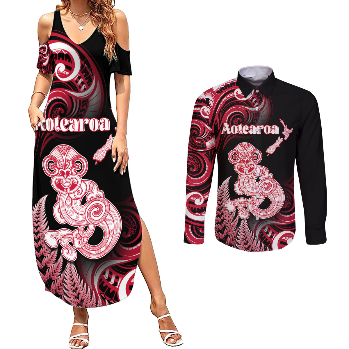 Personalised New Zealand Maori Taniwha Couples Matching Summer Maxi Dress and Long Sleeve Button Shirt Silver Fern Red Version