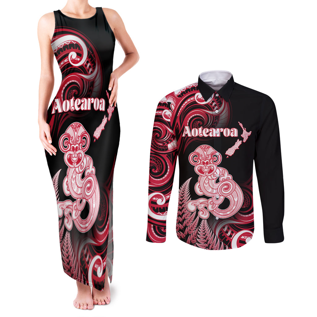 Personalised New Zealand Maori Taniwha Couples Matching Tank Maxi Dress and Long Sleeve Button Shirt Silver Fern Red Version