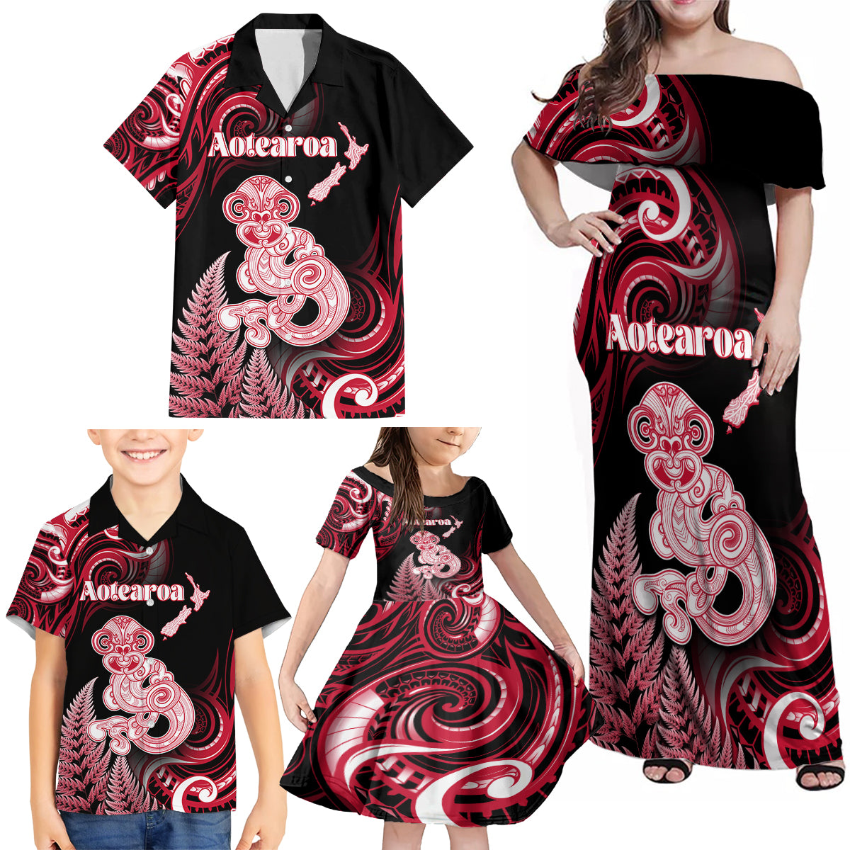 Personalised New Zealand Maori Taniwha Family Matching Off Shoulder Maxi Dress and Hawaiian Shirt Silver Fern Red Version