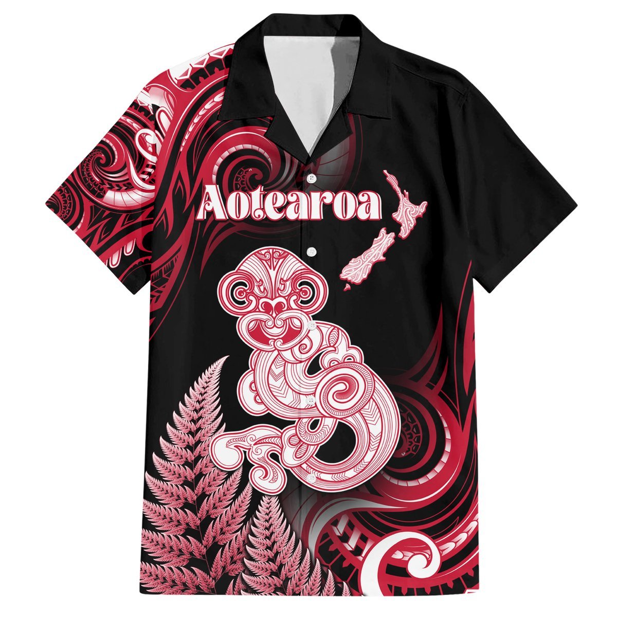 Personalised New Zealand Maori Taniwha Hawaiian Shirt Silver Fern Red Version LT05 Red - Polynesian Pride