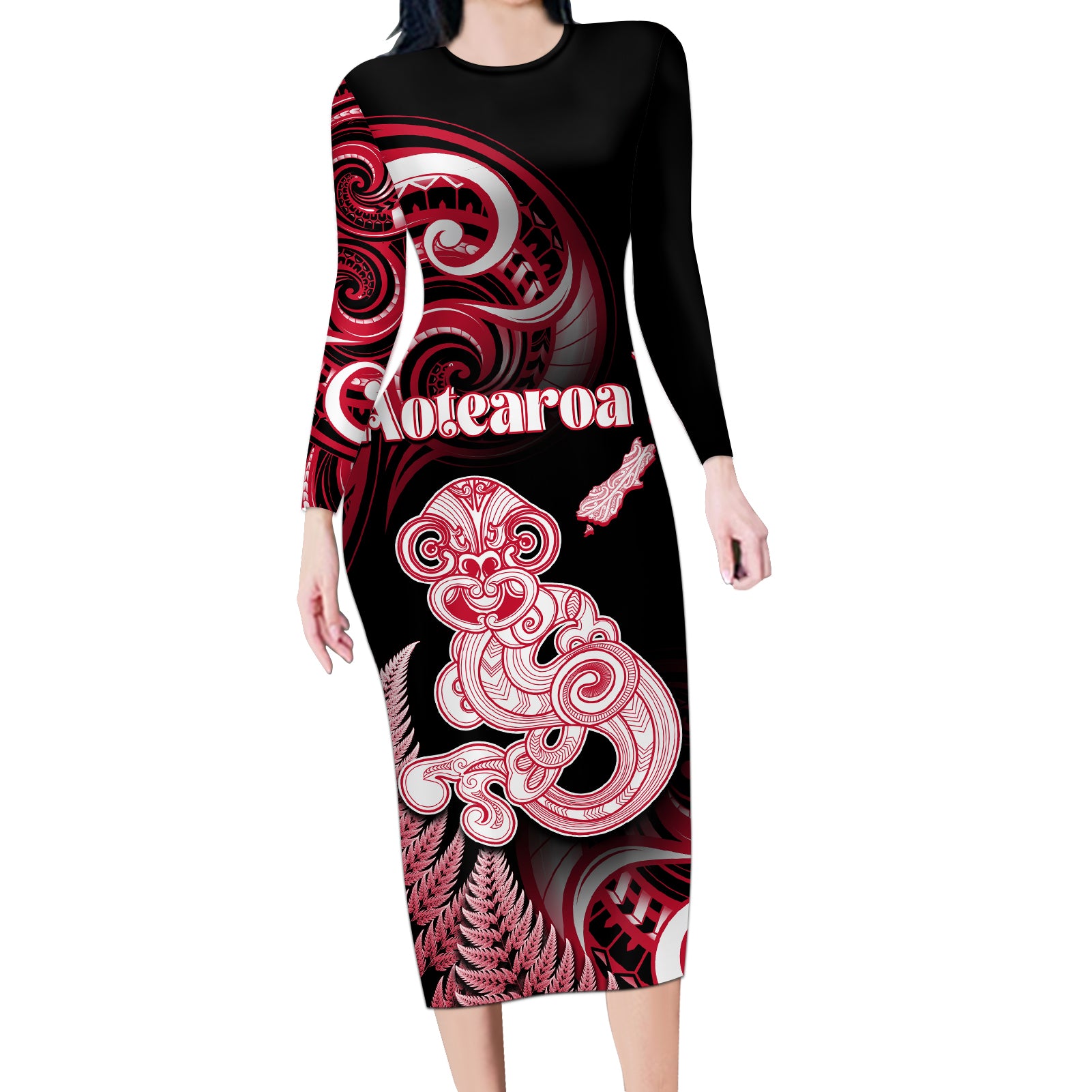 Personalised New Zealand Maori Taniwha Long Sleeve Bodycon Dress Silver Fern Red Version