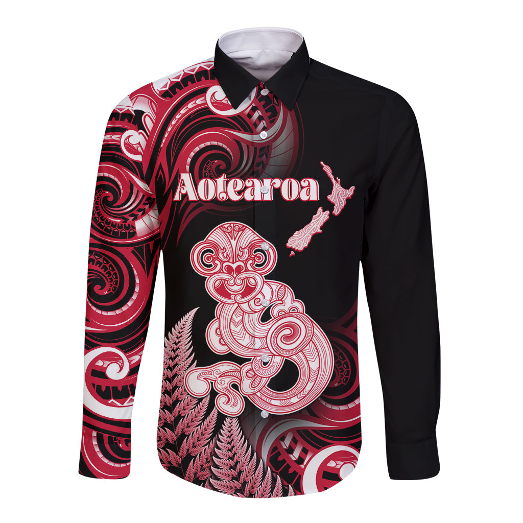 Personalised New Zealand Maori Taniwha Long Sleeve Button Shirt Silver Fern Red Version