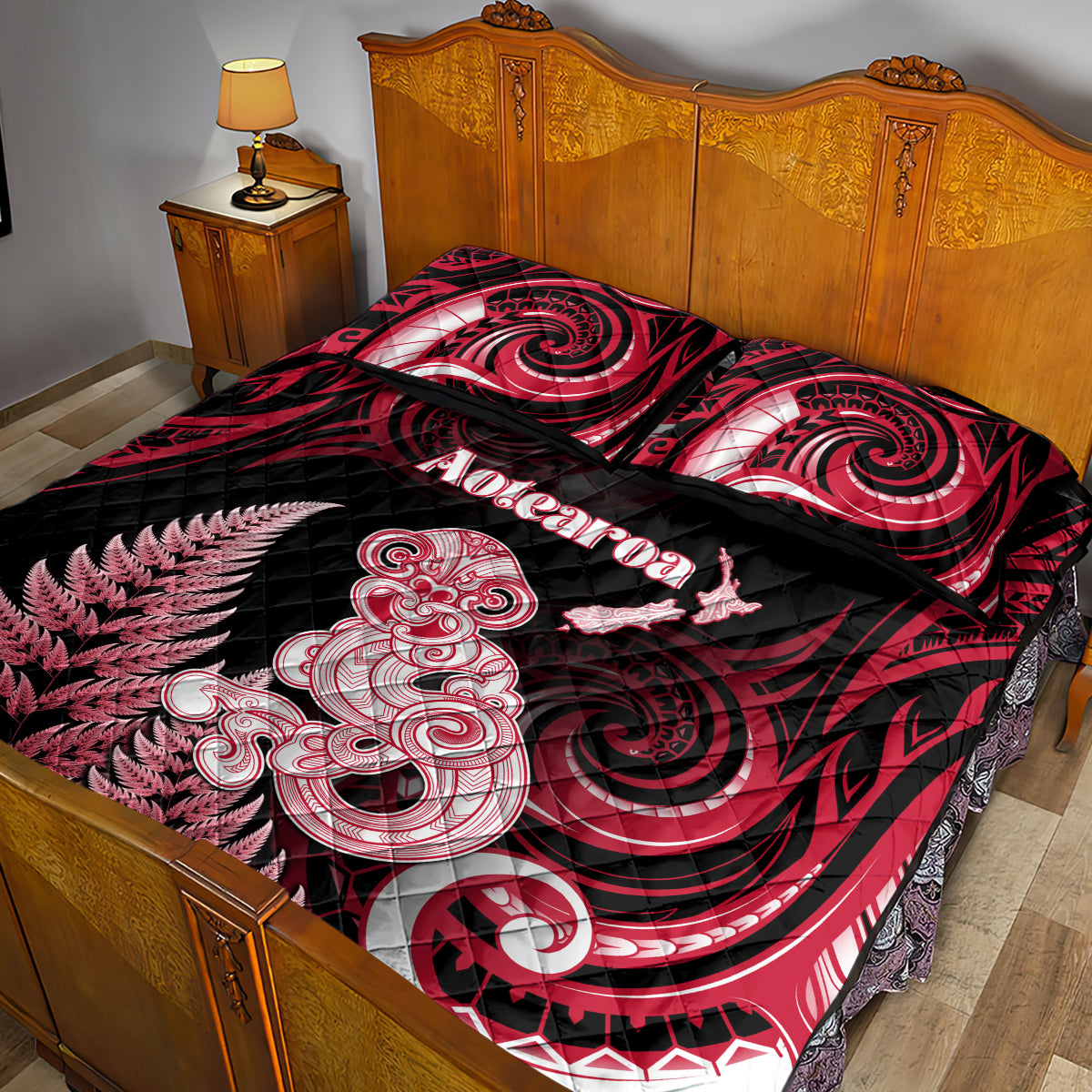 New Zealand Maori Taniwha Quilt Bed Set Silver Fern Red Version LT05 - Polynesian Pride