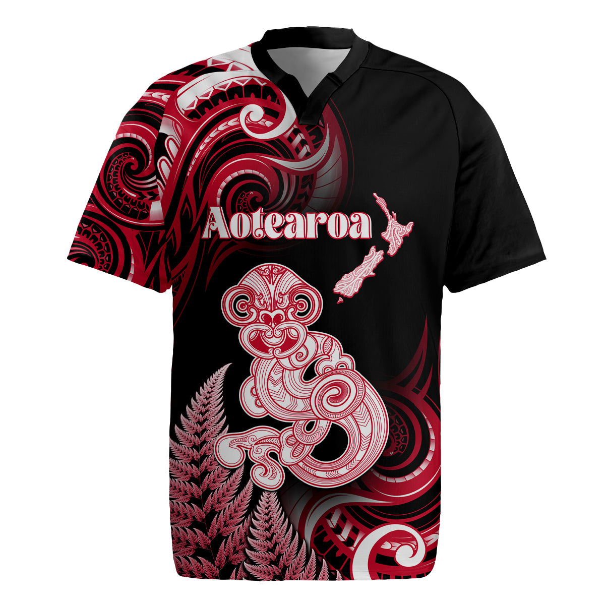 Personalised New Zealand Maori Taniwha Rugby Jersey Silver Fern Red Version