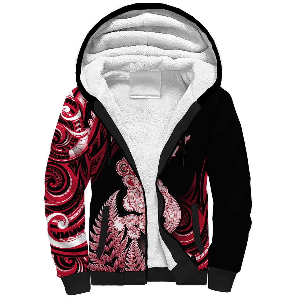 Personalised New Zealand Maori Taniwha Sherpa Hoodie Silver Fern Red Version