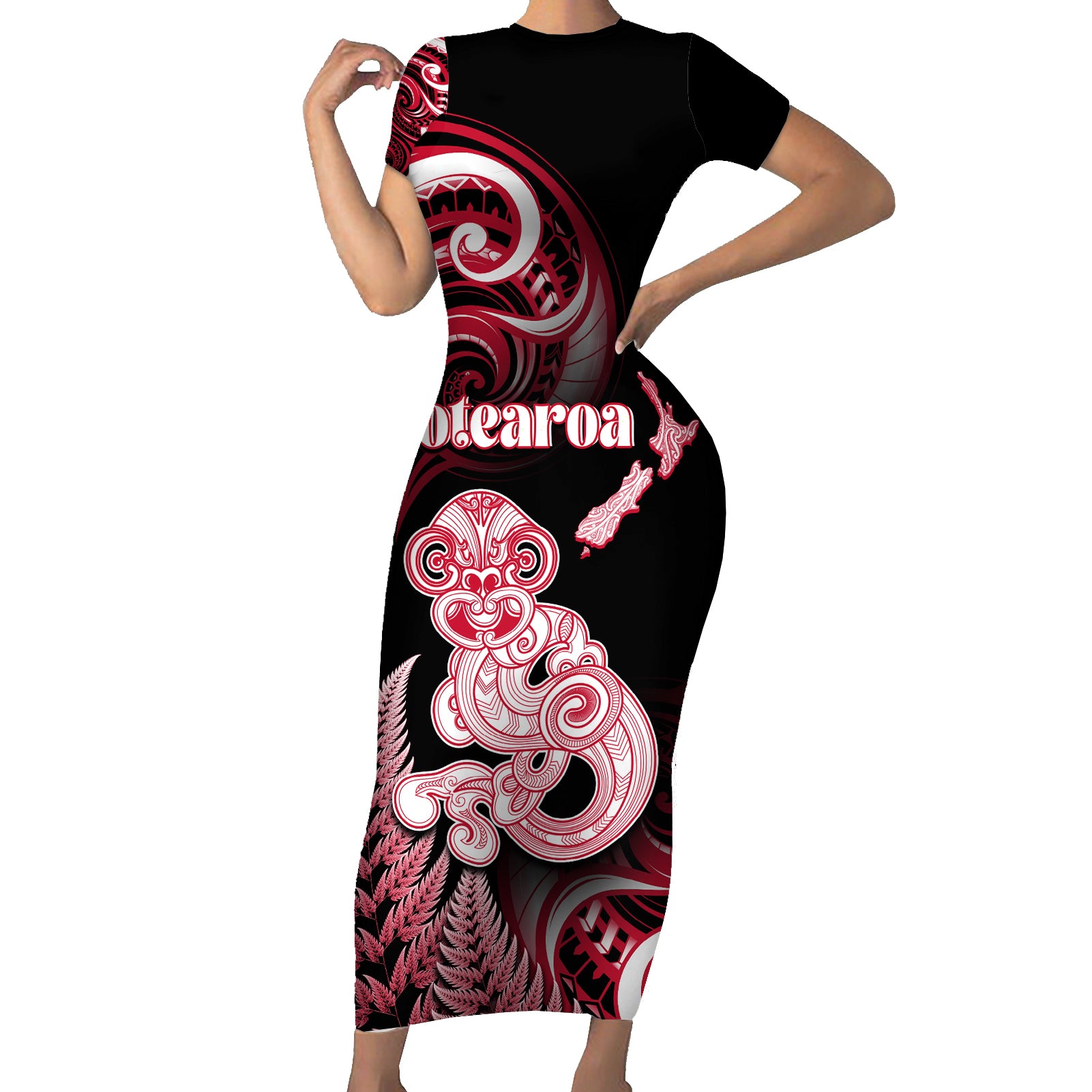 Personalised New Zealand Maori Taniwha Short Sleeve Bodycon Dress Silver Fern Red Version