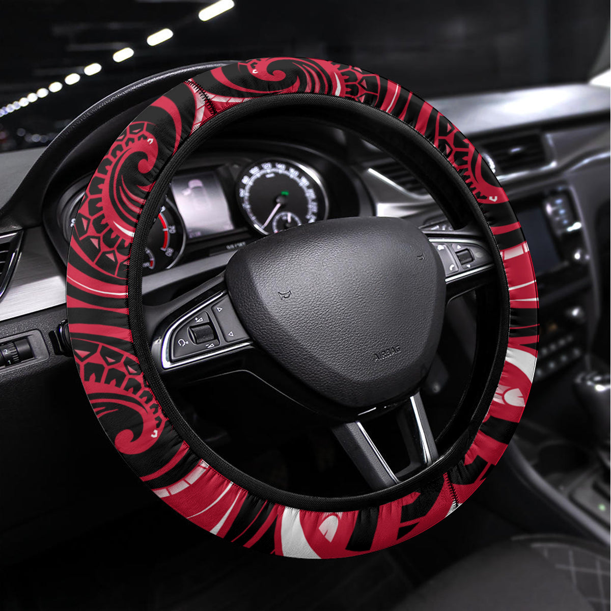 New Zealand Maori Taniwha Steering Wheel Cover Silver Fern Red Version