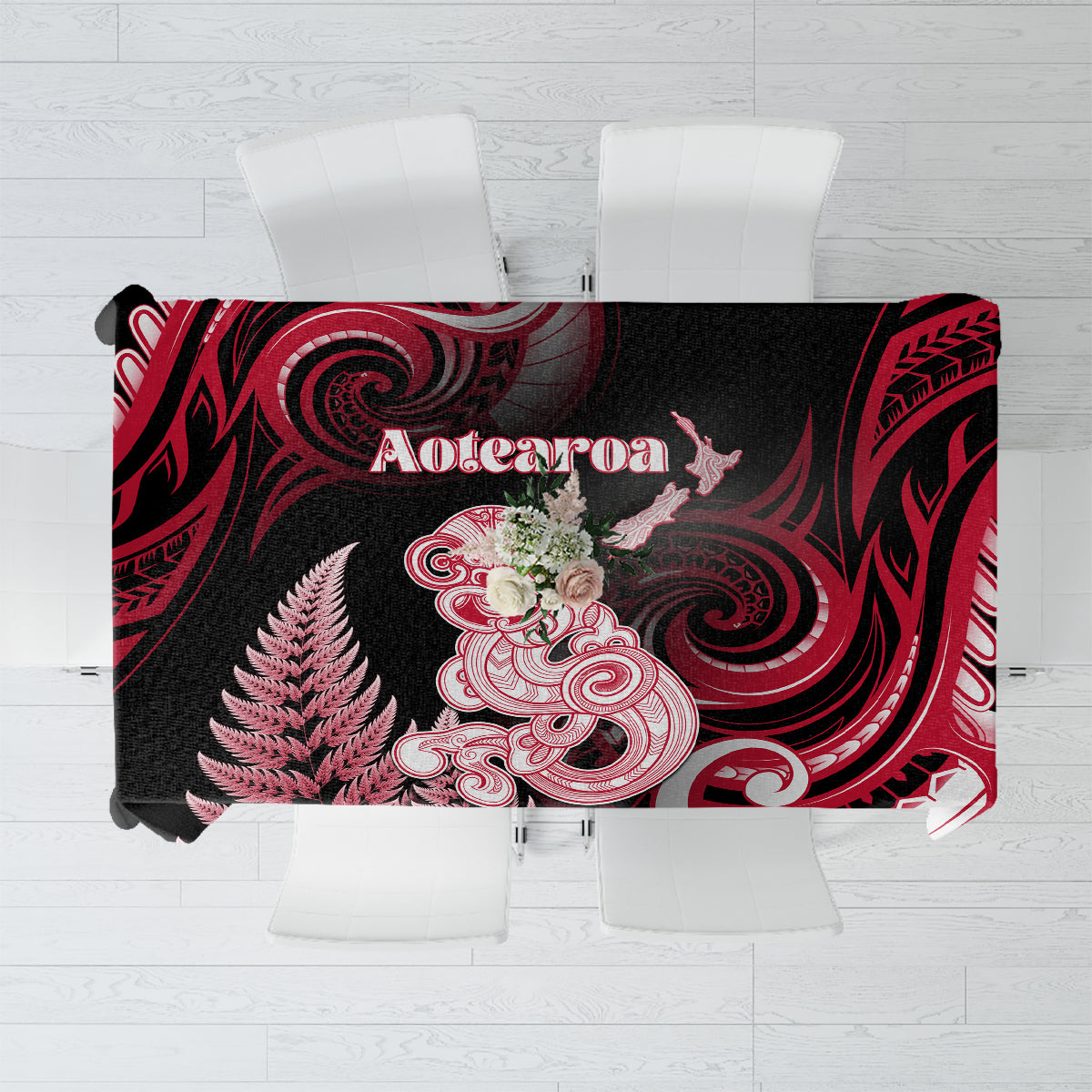 New Zealand Maori Taniwha Tablecloth Silver Fern Red Version LT05 Red - Polynesian Pride