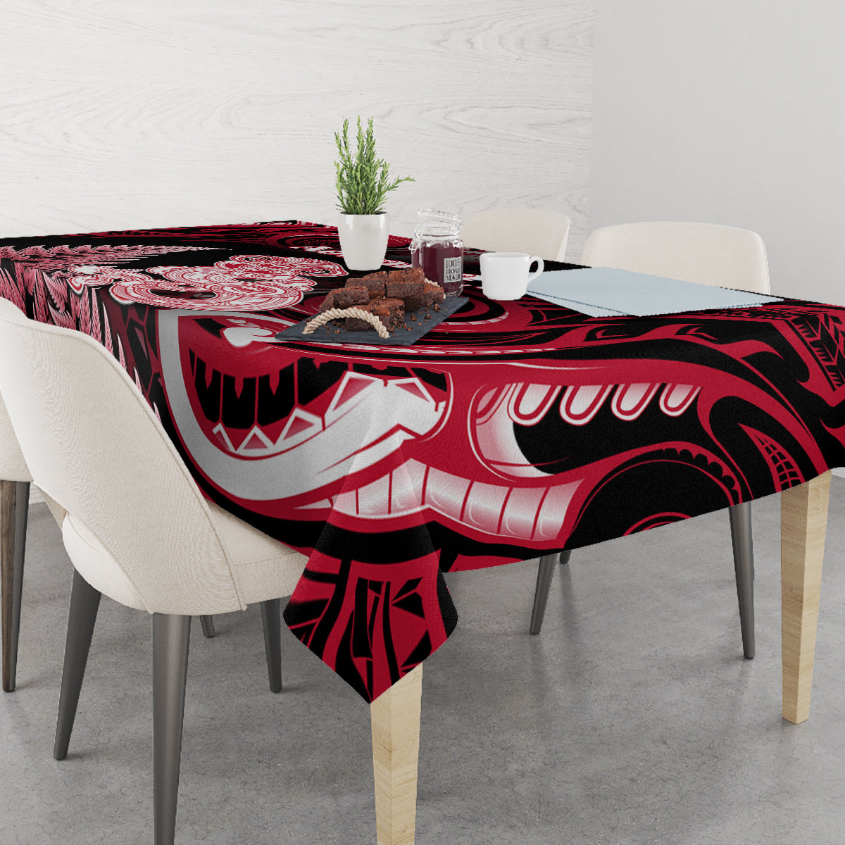 New Zealand Maori Taniwha Tablecloth Silver Fern Red Version LT05 - Polynesian Pride