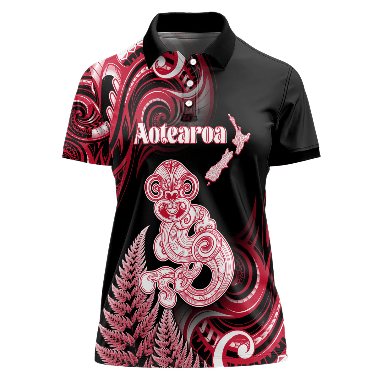 Personalised New Zealand Maori Taniwha Women Polo Shirt Silver Fern Red Version