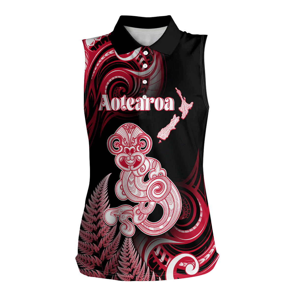 Personalised New Zealand Maori Taniwha Women Sleeveless Polo Shirt Silver Fern Red Version