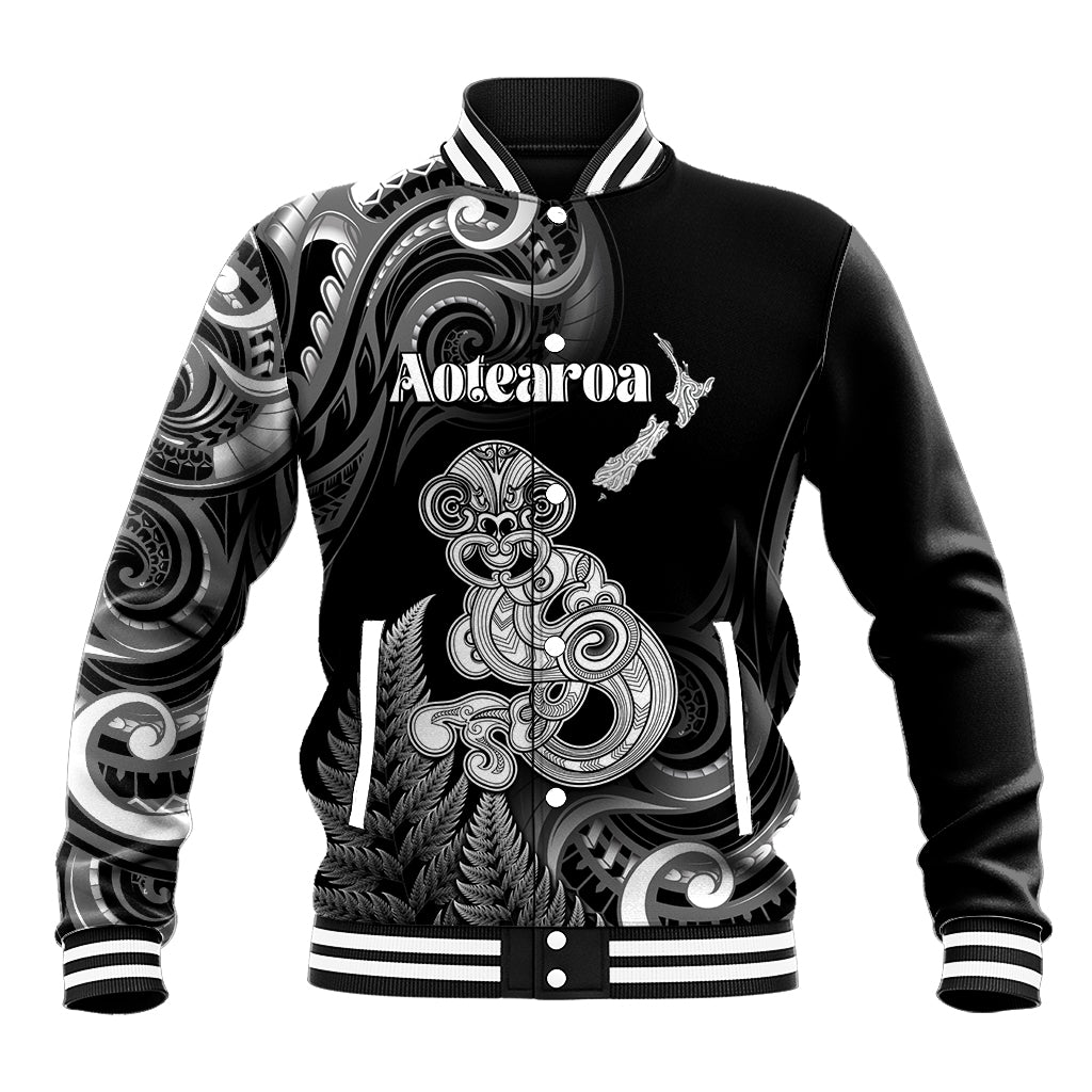 Personalised New Zealand Maori Taniwha Baseball Jacket Silver Fern Black Version