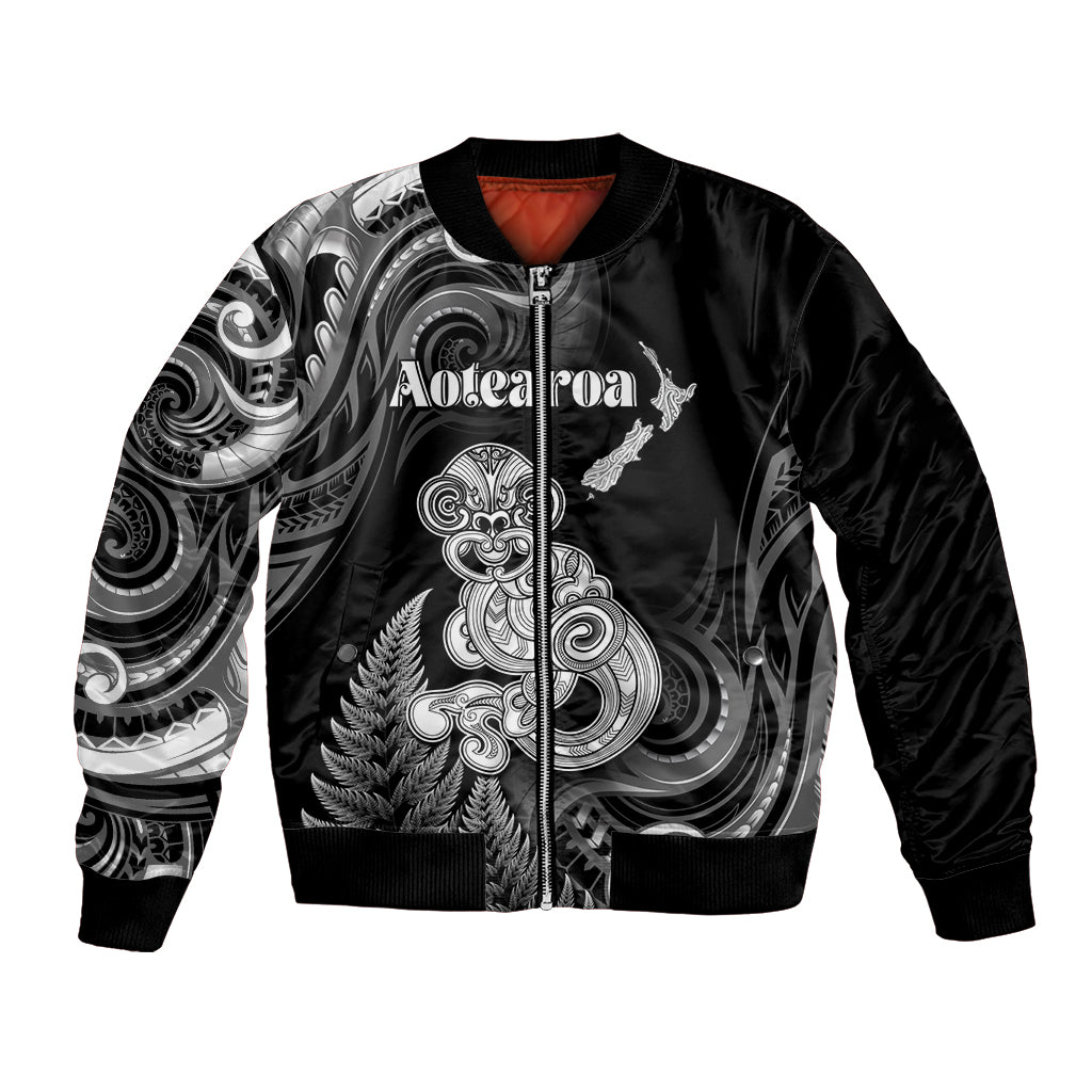 Personalised New Zealand Maori Taniwha Bomber Jacket Silver Fern Black Version