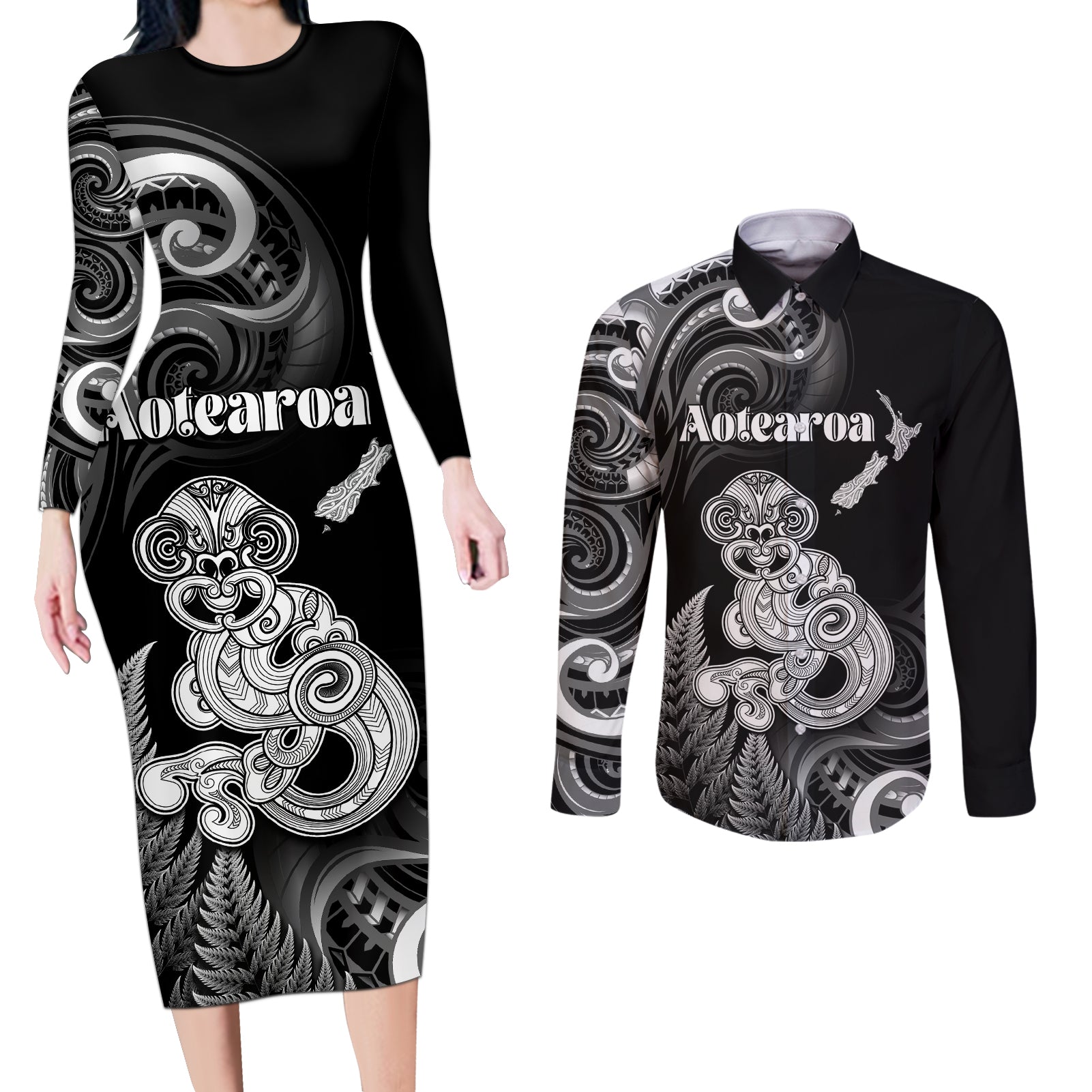 Personalised New Zealand Maori Taniwha Couples Matching Long Sleeve Bodycon Dress and Long Sleeve Button Shirt Silver Fern Black Version