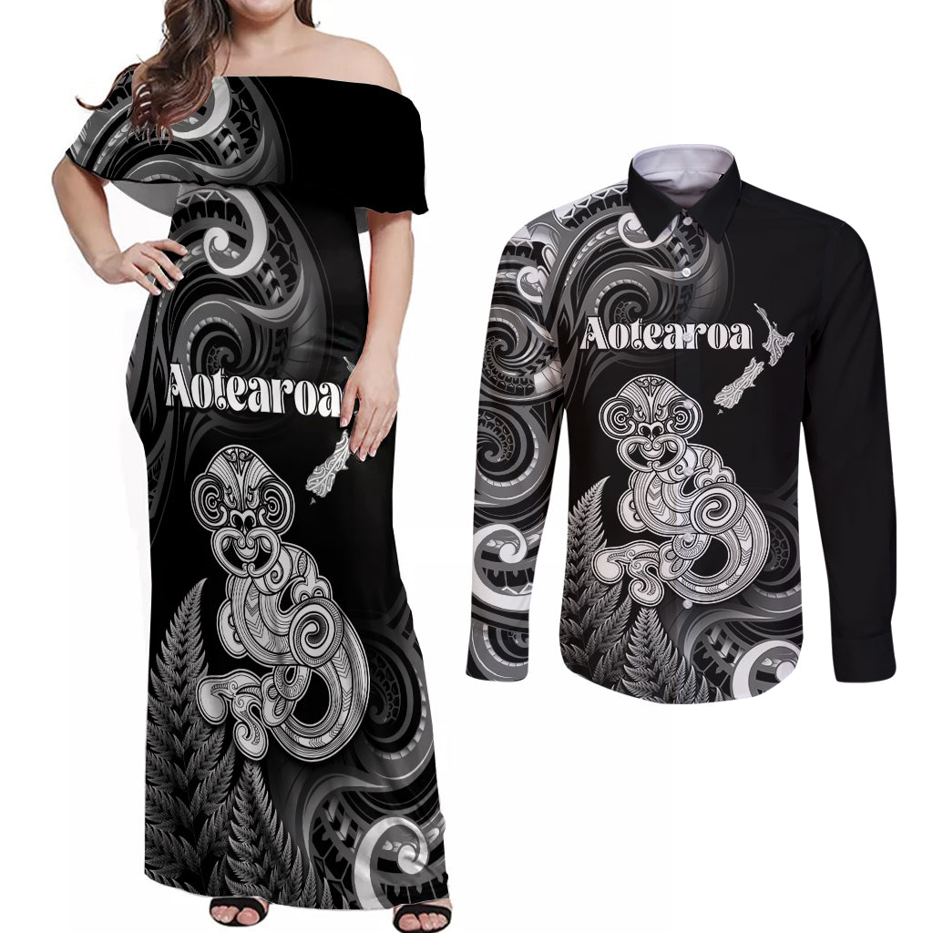 Personalised New Zealand Maori Taniwha Couples Matching Off Shoulder Maxi Dress and Long Sleeve Button Shirt Silver Fern Black Version