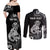 Personalised New Zealand Maori Taniwha Couples Matching Off Shoulder Maxi Dress and Long Sleeve Button Shirt Silver Fern Black Version