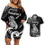 Personalised New Zealand Maori Taniwha Couples Matching Off Shoulder Short Dress and Hawaiian Shirt Silver Fern Black Version