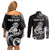 Personalised New Zealand Maori Taniwha Couples Matching Off Shoulder Short Dress and Long Sleeve Button Shirt Silver Fern Black Version